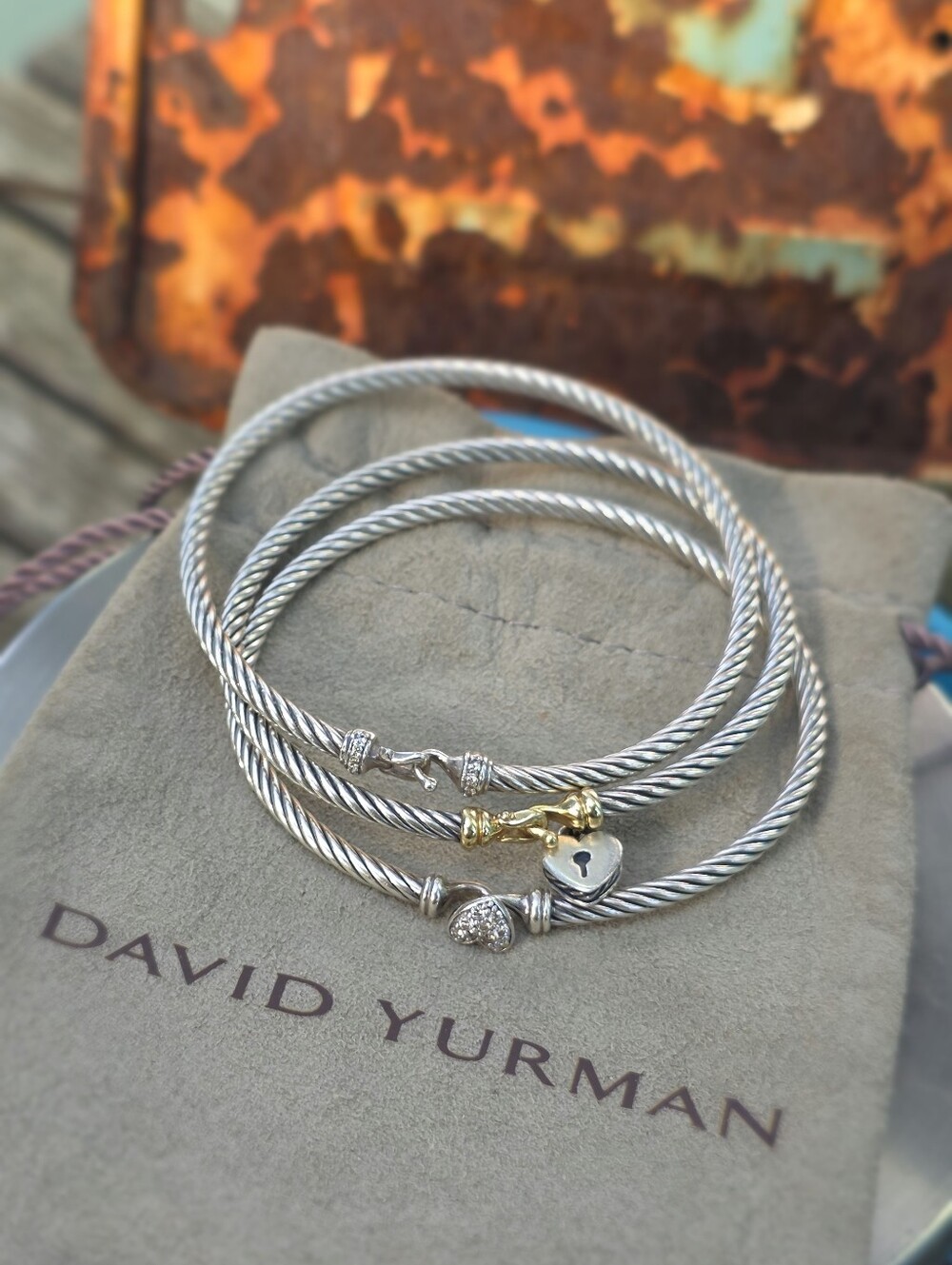 5 PIECE DAVID YURMAN Pave/Silver/Gold/Heart/LOCK/Buckle Bracelet + SILK CORDS